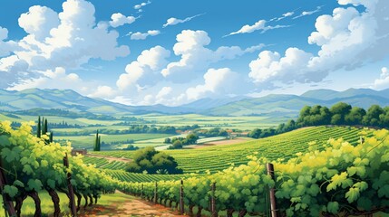 Fototapeta premium A lush vineyard during harvest season, the clear sky above providing room for winery branding or art.