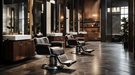 A modern barbershop with leather seats, the mirror reflecting ample space for haircare branding or tips. - obrazy, fototapety, plakaty