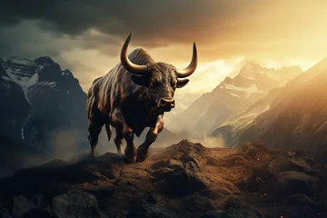 Fotobehang Bull on mountainside during a mysterious day. Stock market and trend concept. Generative AI © Percival