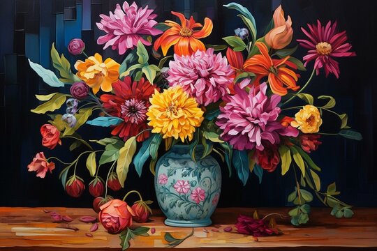 A painting of flowers in a vase on a wooden table with leaves and colorful blooms. Generative AI