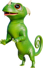Fototapeta premium Funny dragon or dinosaur character is trying to get a treat. Cute cartoon creature stands on two legs and tries to get food. Reptilian character in search of something delicious. 3D Render