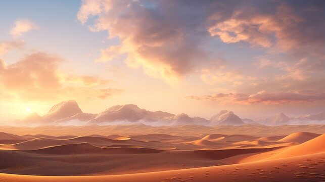 A panoramic desert landscape at sunset, the dunes offering a serene canvas for overlay content or branding.