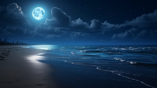 Fototapeta A moonlit beach with gentle waves crashing, the sand providing space for romantic quotes or designs.