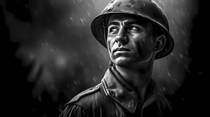 Fototapeta na wymiar Black and white realistic illustration of a soldier looking up. War photograph, portrait of a soldier without army insignia. War Concept