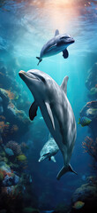 Obraz na płótnie Canvas Family Of Dolphins Underwater. Cell Phone Wallpaper