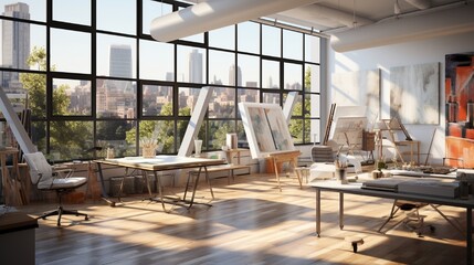 A sleek design studio with vast windows, the drafting tables awaiting design tips or branding. - obrazy, fototapety, plakaty