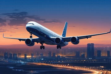 Fototapeta na wymiar Airplane Flying At Twilight With Blurred Cityscape Below