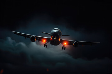 A Large Jetliner Flying Through A Cloudy Sky - obrazy, fototapety, plakaty