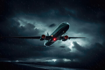 An Airplane Is Flying In The Dark Cloudy Sky