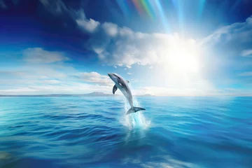 Schilderijen op glas Photo Of Beautiful Blue Dolphin Having The Most Fun Jumping Above The Ocean © Anastasiia