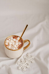 Cup of hot chocolate with marshmallows and snowflakes on a white background