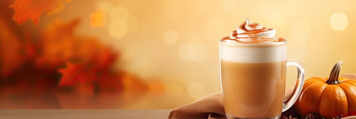 Pumpkin spice latte - spiced pumpkin latte - coffee with the addition of pumpkin syrup and spices. Against a background of glare and blurry lights.