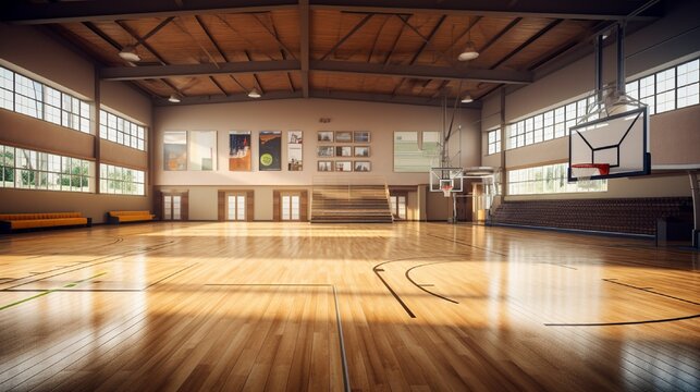 A spacious gymnasium with basketball hoops, the wooden floor reflecting space for sports event details or branding.