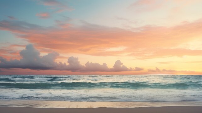 A tranquil beach at sunset, the horizon offering a vast canvas for overlay text.