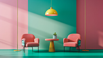 A green-pink room with armchairs and a table, a couch and a lamp, featuring colorful walls, a luxurious appearance, and elegant retro furniture.