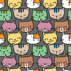 Seamless Pattern of Cartoon Cat Face Design on Dark Grey Background