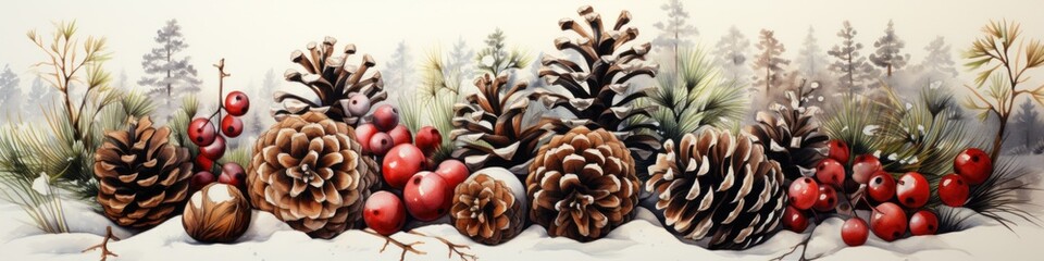 A painting of pine cones and berries in the snow. Imaginary illustration. Winter decorative border.