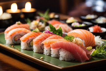 sushi with salmon sushi rolls, sashimi large, juicy Generative AI