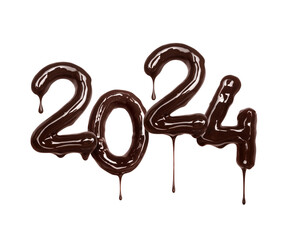 Date of the New Year 2024 made of melted dark chocolate isolated on a white background