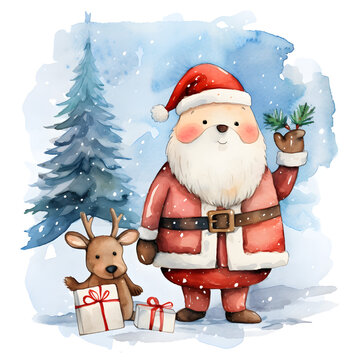 Santa Claus with gift box, cute Christmas cartoon watercolor illustration for kids 