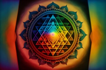 sri yantra sacred geometry high detail colorful rainbow colors psychedelic pattern background symmetrical ultra realistic hyper realism  - obrazy, fototapety, plakaty