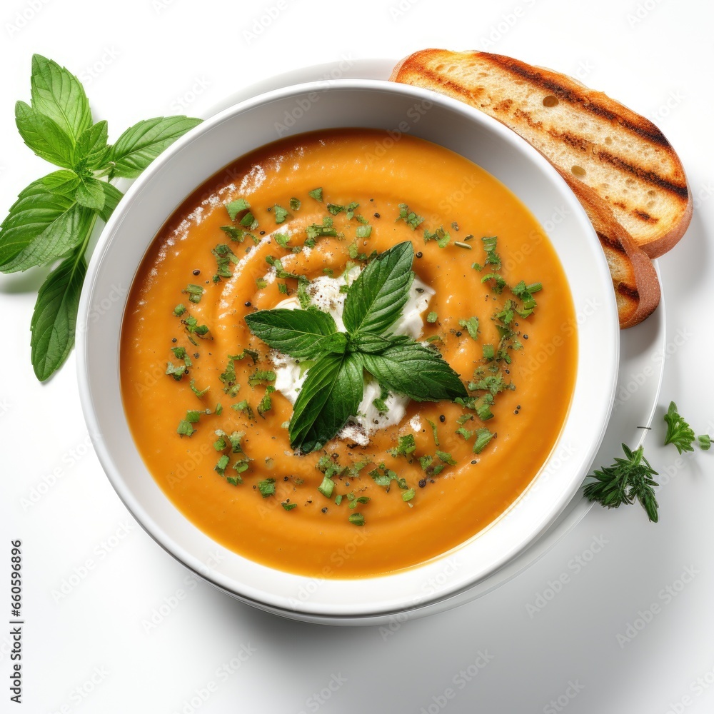 Poster a bowl of carrot soup with a slice of bread on the side. photorealistic ai image.