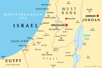 Fototapeta premium Part of the Southern District of Israel, political map, with the Gaza Strip, bottom half of West Bank, Dead Sea, and with borders and most important cities in this region. Illustration. Vector.