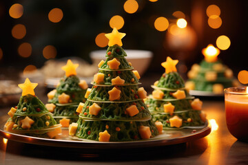 Holiday appetizer, canapes in form of christmas tree.Christmas holiday food.