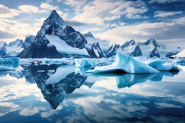 Fototapeta na wymiar Canvas Depicting Icebergs Floating In Frigid Waters With Towering Mountains As Backdrop
