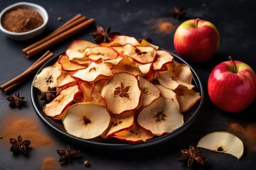 Composition Features Apple Chips And Cinnamon On Grey Table
