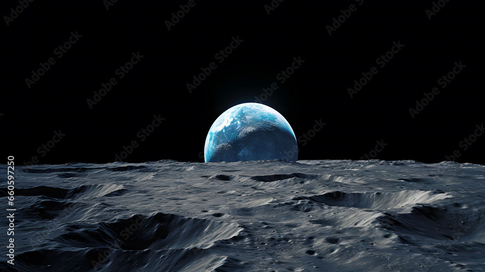 Wall mural blue earth seen from the moon surface, 3d illustration