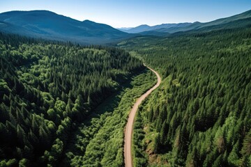 Forest Road Ascending Towards Mountain, Seen From Above