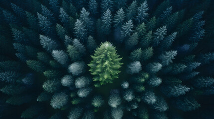 Beautiful winter forest landscape. Aerial view of coniferous forest with christmas tree.