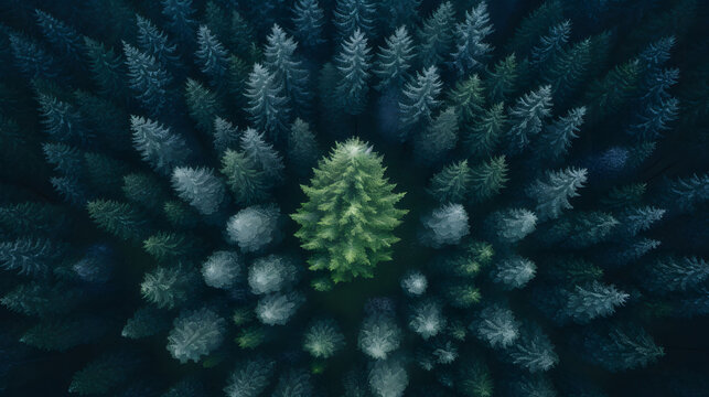 Beautiful winter forest landscape. Aerial view of coniferous forest with christmas tree. © mandu77