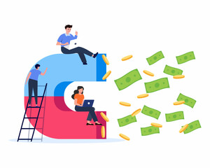Business people sitting in big magnet and attracting money, Investment attraction and Financial Goals Achievement