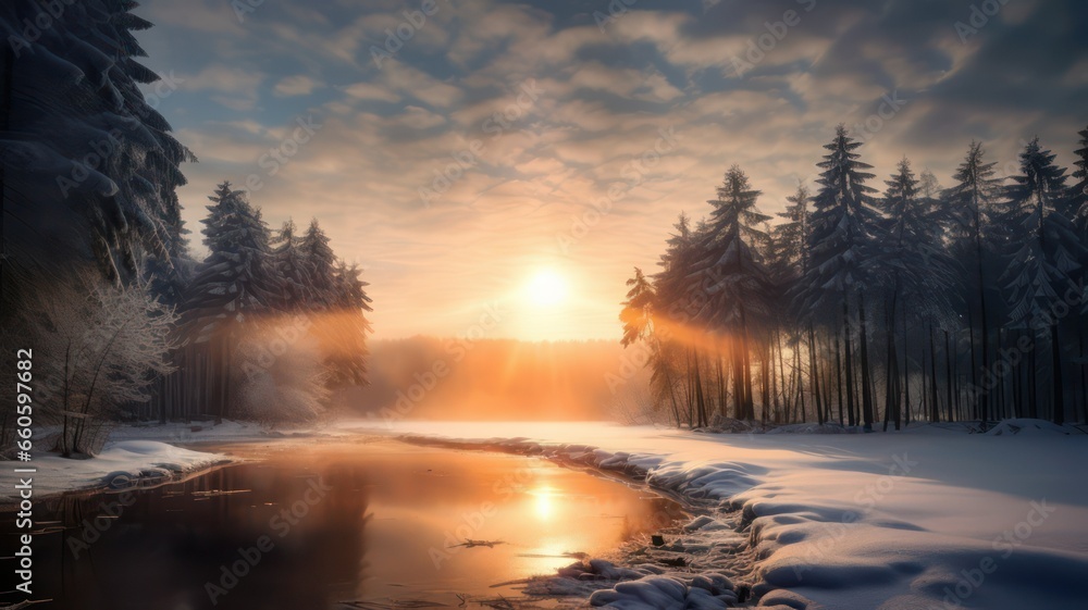 Poster sunrays over winter landscape created with generative ai