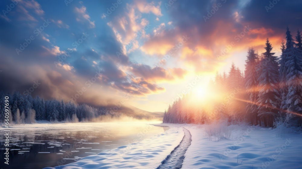 Poster sunrays over winter landscape created with generative ai