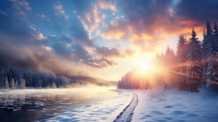 Sunrays over winter landscape created with Generative AI