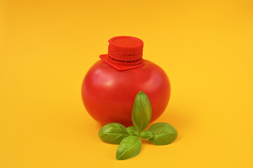fresh tomato with lid on yellow background natural juice concept