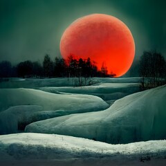 A wintertale scandinavian landscape frozen green landscape red moon sunset abstract light nature light 