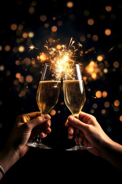 Vertical image of a couple celebrating the new year toasting with champagne