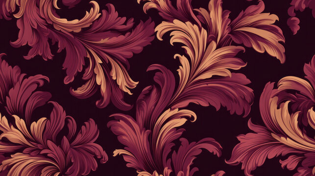 Seamless pattern background with vintage faded damask motifs in rich burgundy and gold tones giving the impression of an elegant Victorian drawing room. The pattern exudes timeless sophistication.