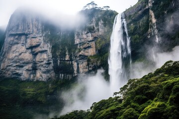 Magnificent Waterfall Cascading Down Rocky Cliff, Creating Misty Cloud In The Air