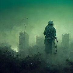 Highly detailed Soldier wearing a gas mask towards the destroyed City street with his Sniper Rifle green glowing fog dark colurs mystic postapocalyptic radiation rain lightning bolt fog 8k detailed  - obrazy, fototapety, plakaty