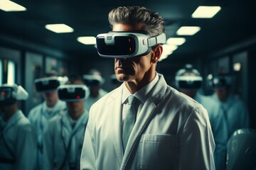 A medical doctor fully engrossed in a virtual reality simulation, exploring cutting-edge healthcare solutions. Ideal for topics like telemedicine, medical training, and advanced healthcare tech.