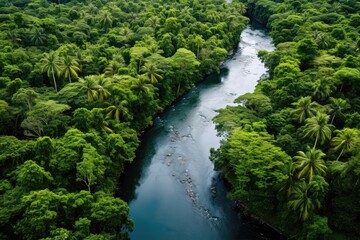 Fototapeta na wymiar River Flowing Through The Heart Of Lush Rainforest, Featuring Numerous Green Tropical Trees, Captured By Drone