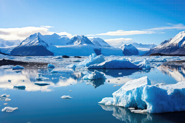 Fototapeta na wymiar Vast Body Of Water, Enclosed By Towering Mountains And Icebergs, Is Sight To Behold