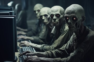 A quirky depiction of zombie-like beings engrossed in computer work, providing a humorous take on workplace monotony. Ideal for topics related to job stress, tech culture, and work-life balance. - obrazy, fototapety, plakaty
