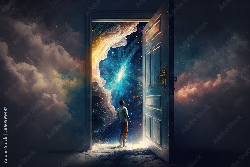 Poster man standing in front of opened door to another world
