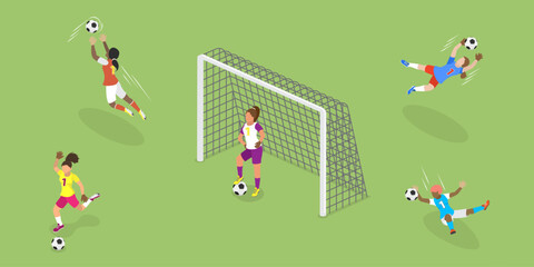 3D Isometric Flat Vector Set of Female Soccer Characters, Girl Football Players